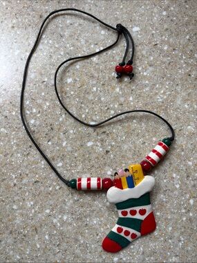 Flying Colors Rare Vintage Signed Ceramic Teacher Stocking Necklace